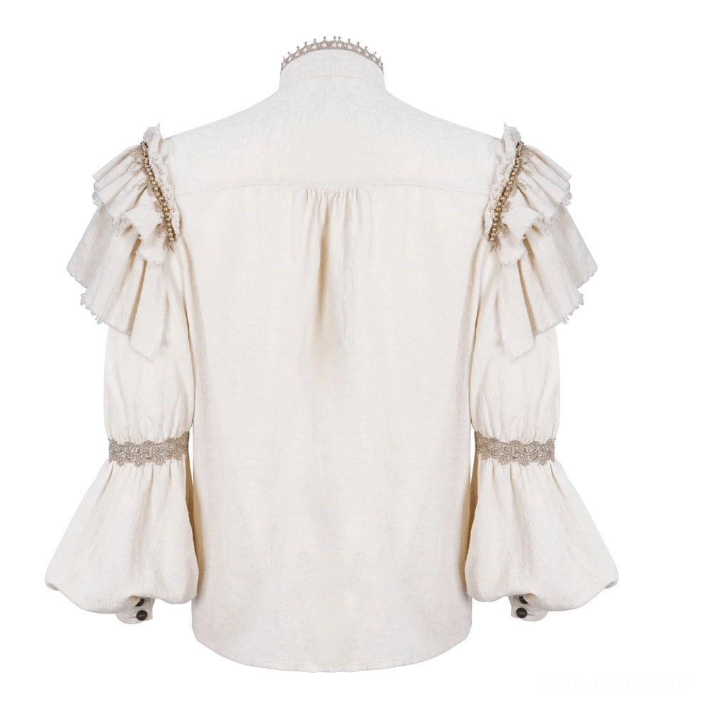 Back flat-lay view of gothic ruffled linen shirt showing gathered yoke construction