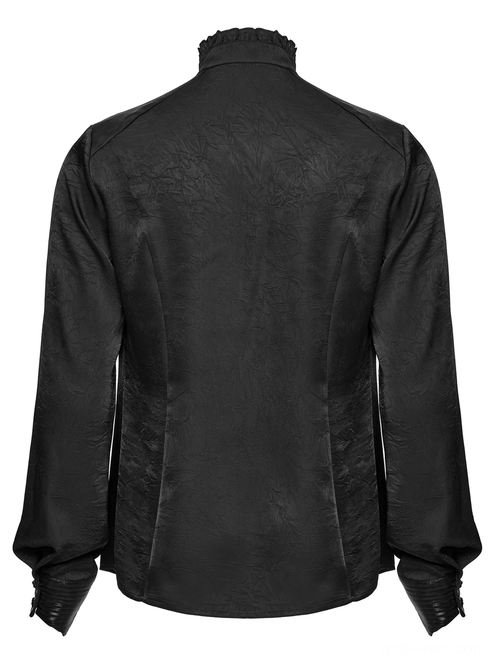 Black gothic shirt rear flat lay view with textured fabric and ruffled collar back panel