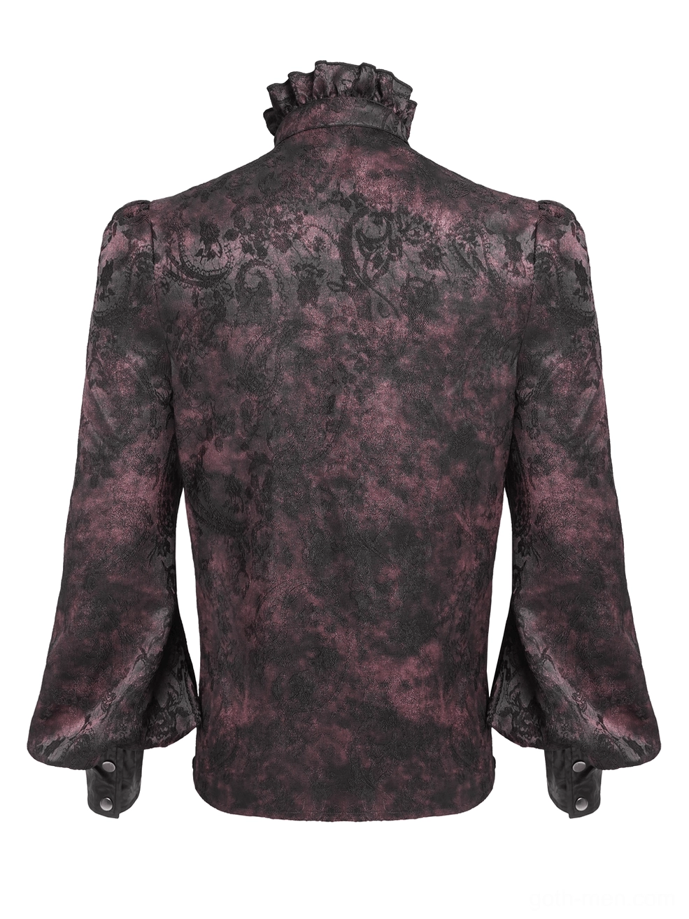 Back flat lay of victorian gothic shirt displaying vintage jacquard fabric and buttoned cuffs