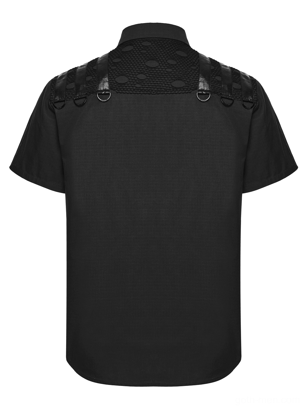 Black gothic harness shirt back flatlay showing perforated mesh panel and leather strap details