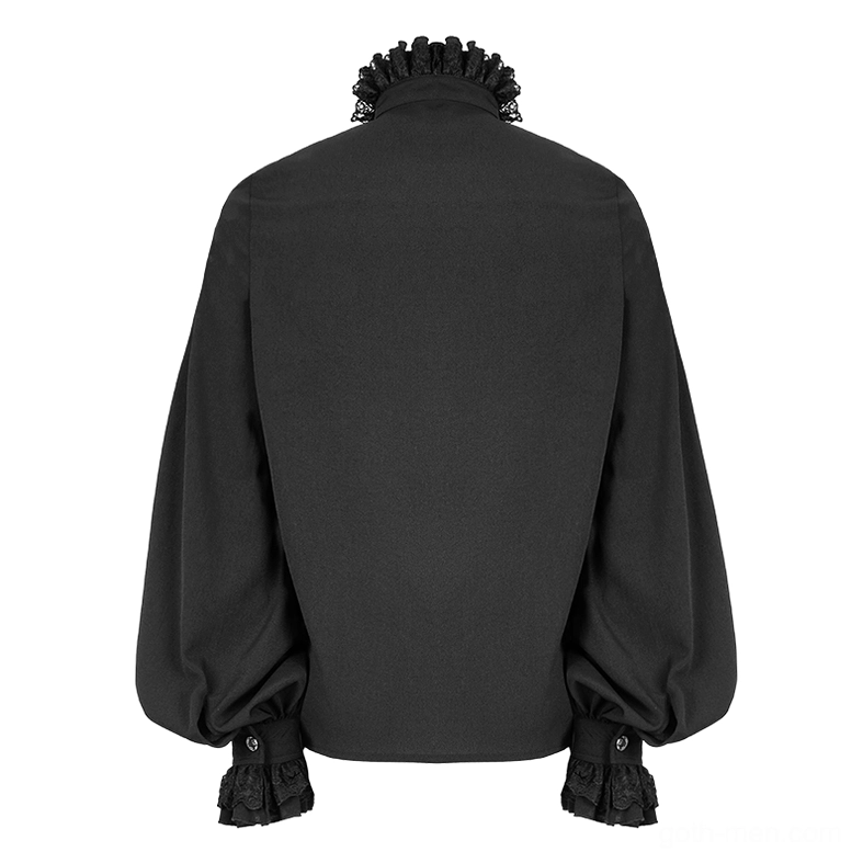Black gothic shirt back full view on mannequin displaying solid back design with ruffled lace neckline