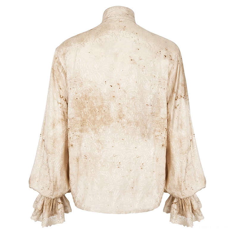 Back display view of distressed gothic lantern sleeve shirt on mannequin showing jacquard texture and stained fabric pattern