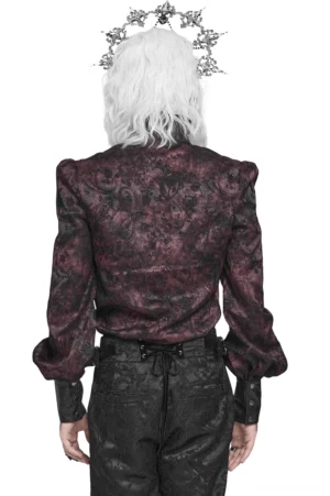 Dark romantic gothic shirt back view featuring jacquard weave and tailored bishop sleeves