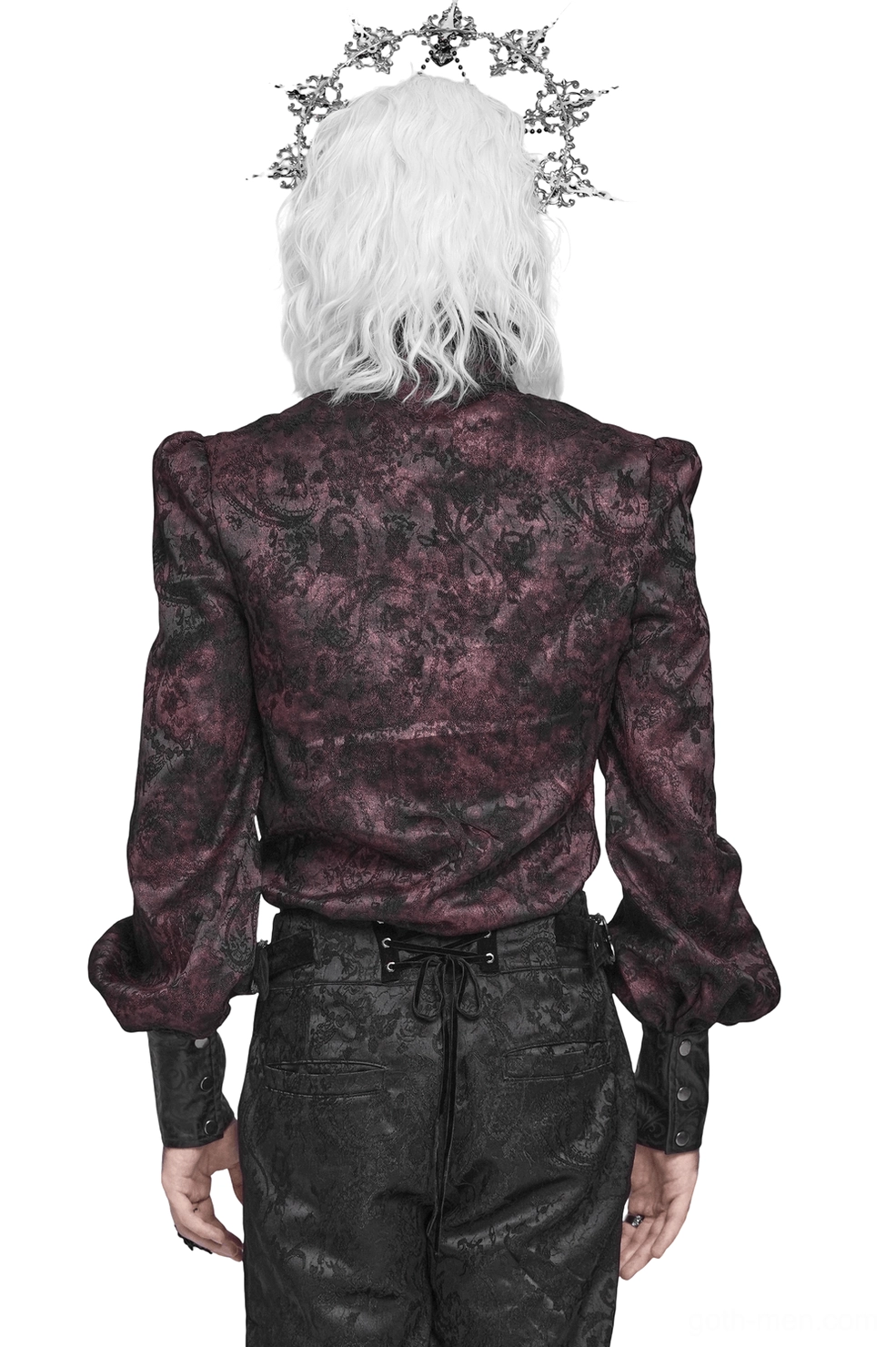 Dark romantic gothic shirt back view featuring jacquard weave and tailored bishop sleeves