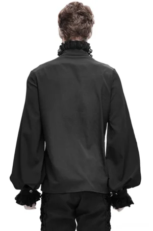 Victorian black gothic shirt back view on male model featuring lantern sleeves and ruffled lace neckline