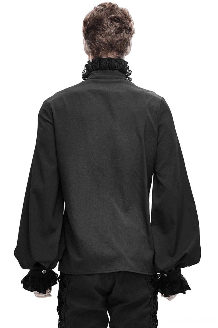 Victorian black gothic shirt back view on male model featuring lantern sleeves and ruffled lace neckline