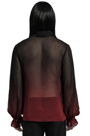 Back detail of sheer chiffon gothic lace-up shirt showcasing transparent fabric and gradient ombre coloring with ruffled cuff design
