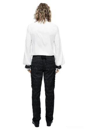 Gothic dress shirt back view with stand collar and ruffled cuffs on male model wearing black formal trousers