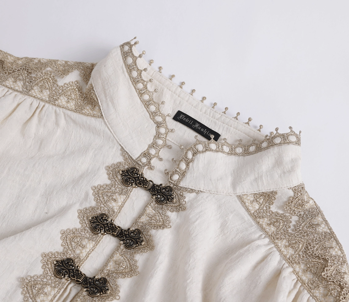 Close-up detail of beaded stand collar with lace appliqué on gothic ruffled shirt