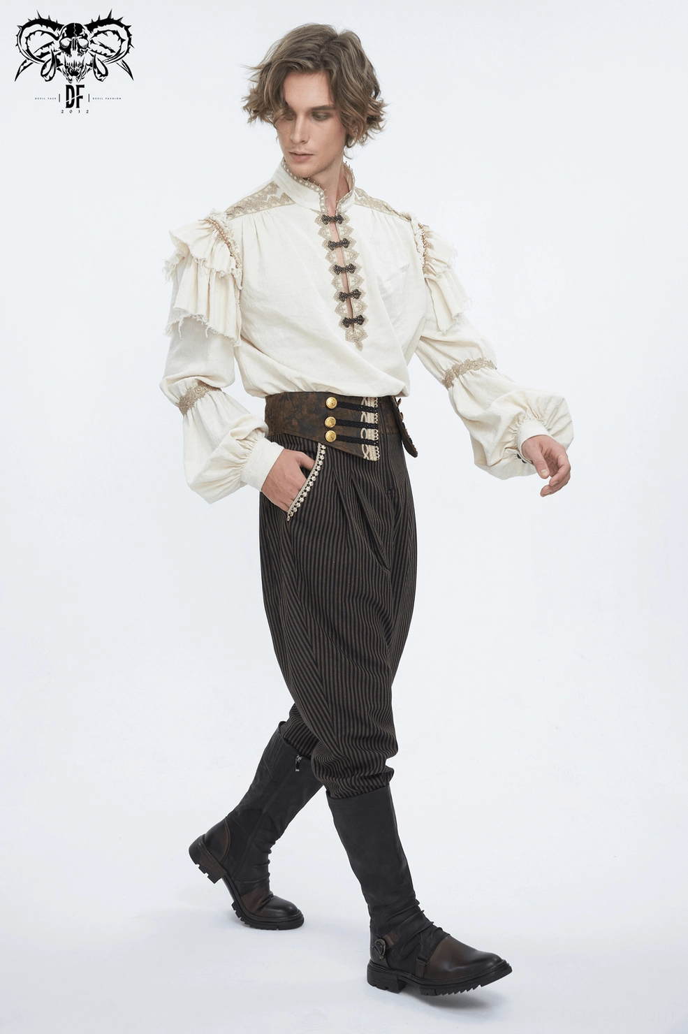 Alternative fashion gothic ruffled linen shirt color and finish presentation
