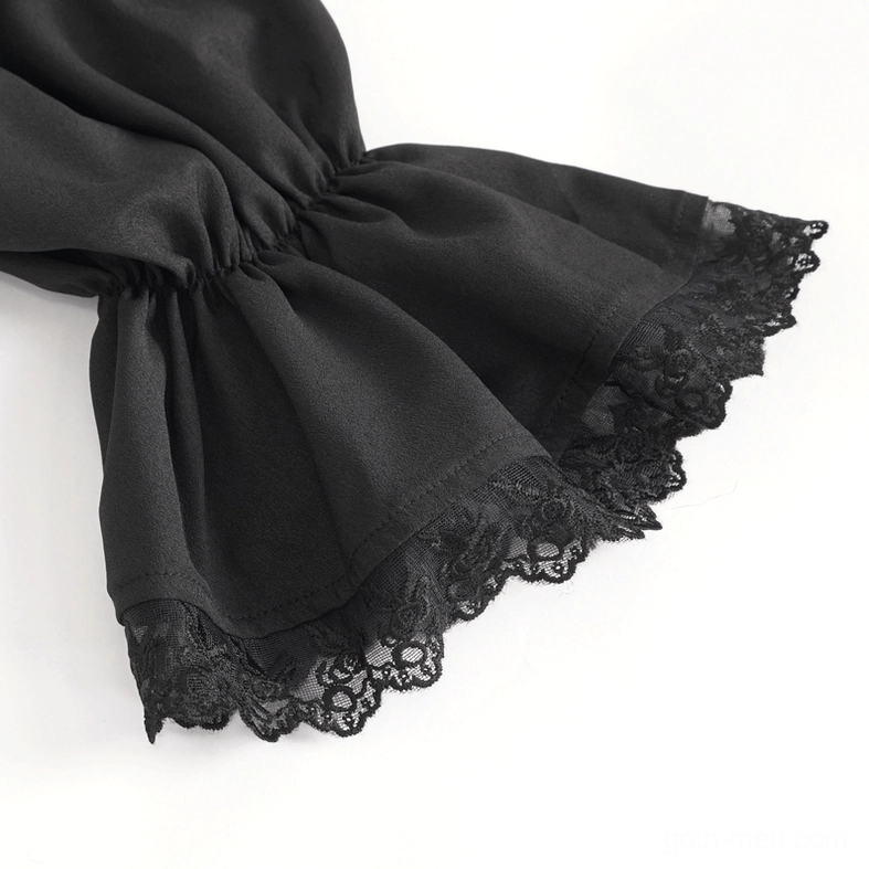 Black gothic bishop sleeve fabric detail showing gathered ruffle and scalloped lace cuff trim
