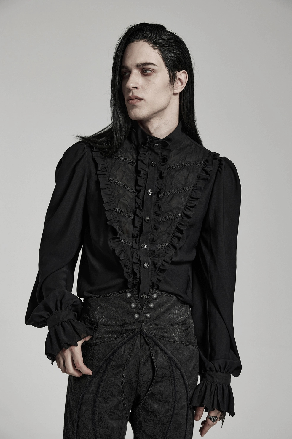 Black gothic ruffle shirt bishop sleeves and pointy cuff design showing irregular double-layer construction detail