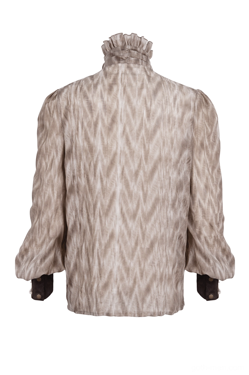 Brown gothic ruffled lace-up shirt back view full length showing plain back and puffed shoulder construction