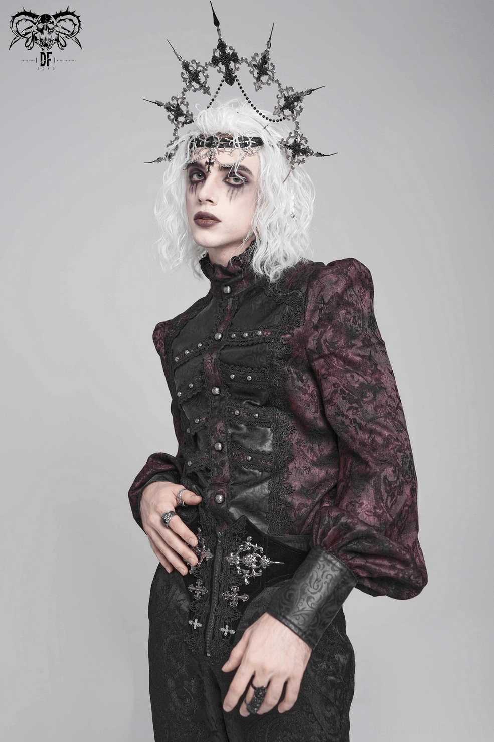 Alternative angle of burgundy victorian gothic shirt showing fit and drape on model