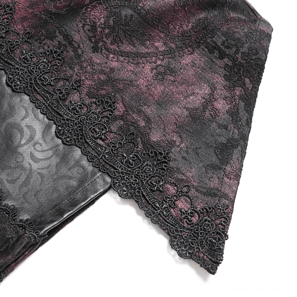 Burgundy marbled jacquard fabric texture of gothic shirt showing depth and tonal variation