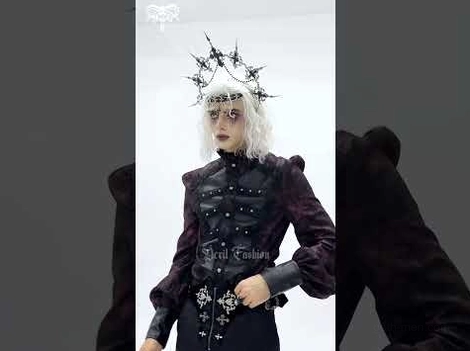 Victorian gothic shirt model wearing burgundy with decorative belt and studded metal buttons