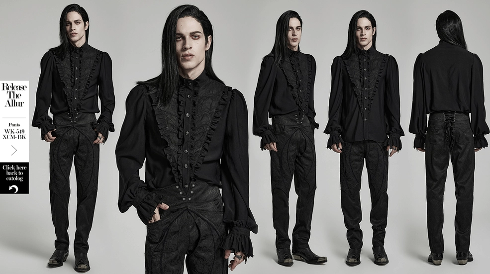 Black gothic ruffle shirt with cherry blossom buttons showing front closure and decorative button placement on ruffled front
