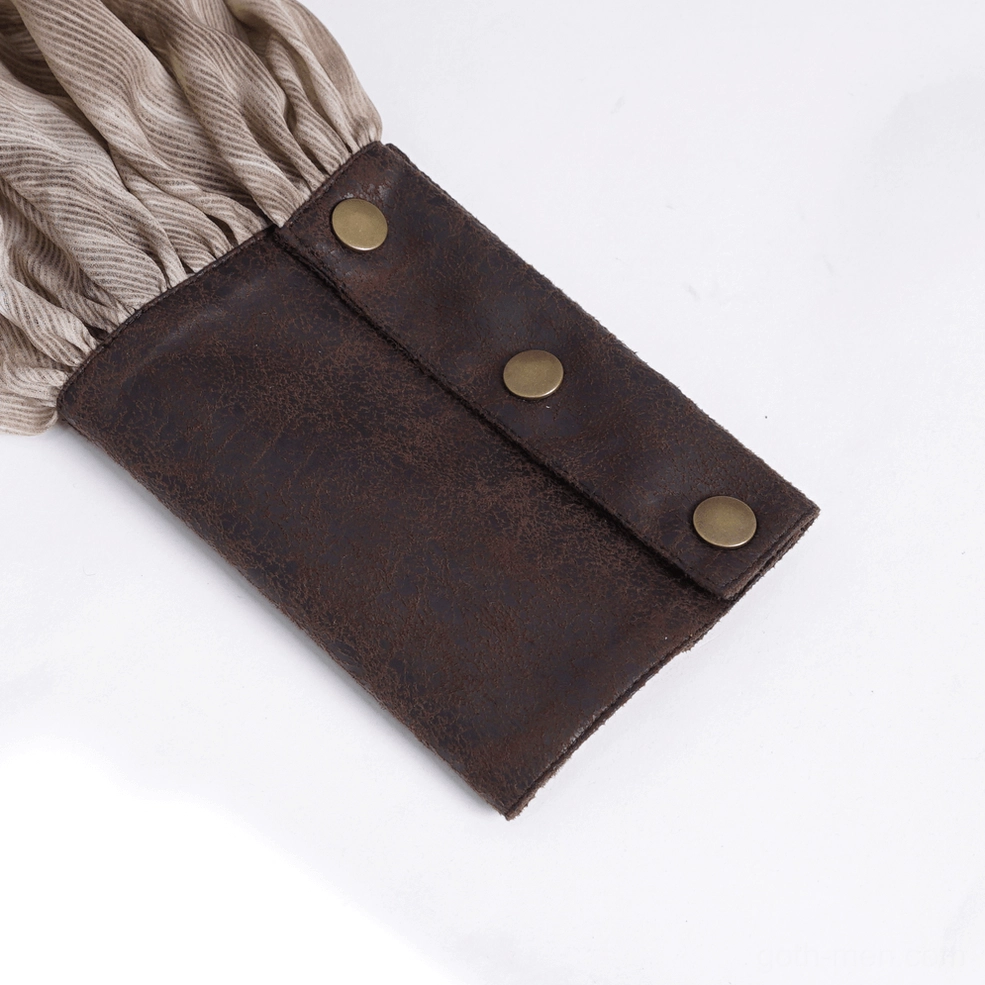 Close-up of gothic shirt plain cuff with metal snap buttons and dark faux leather construction