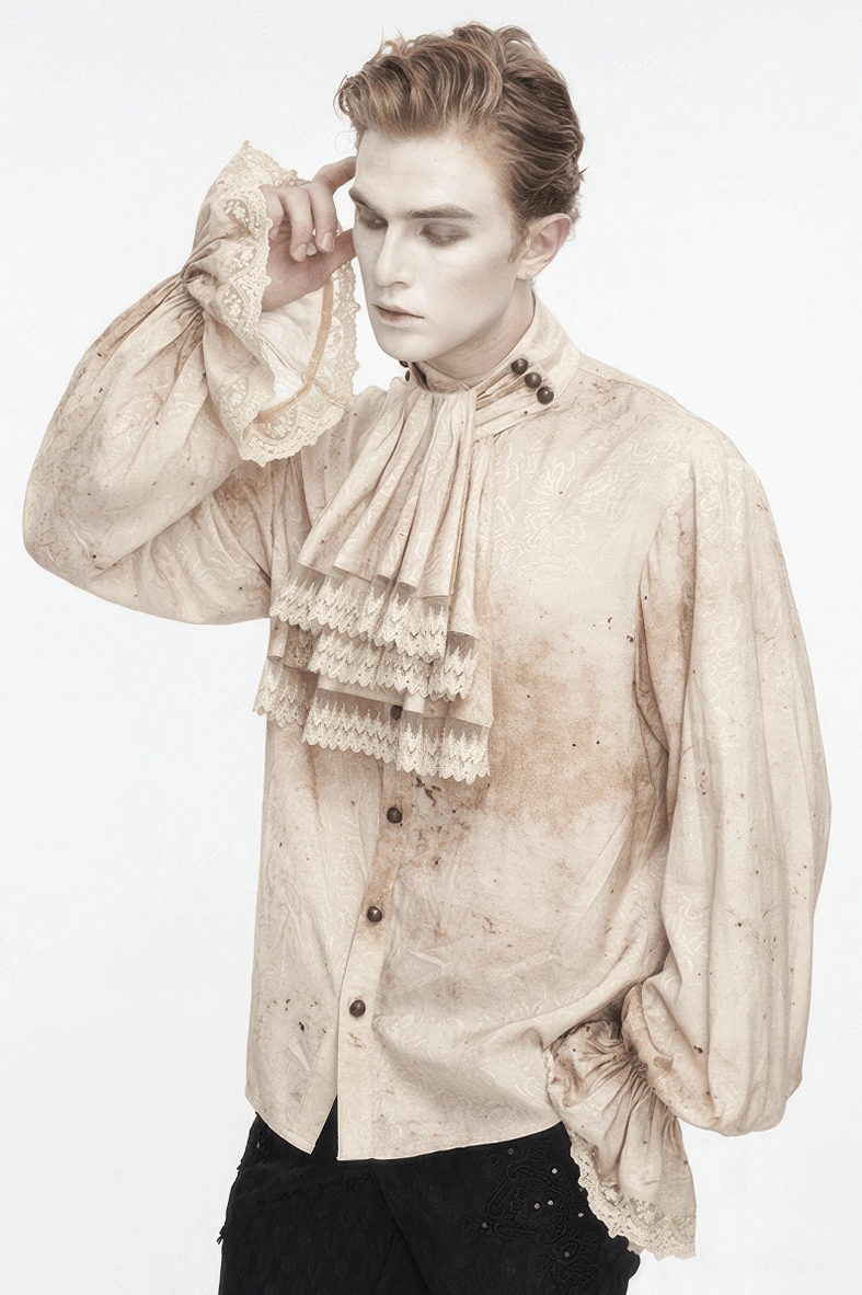 Additional front view of gothic distressed shirt showing button placket and lantern sleeve volume detail