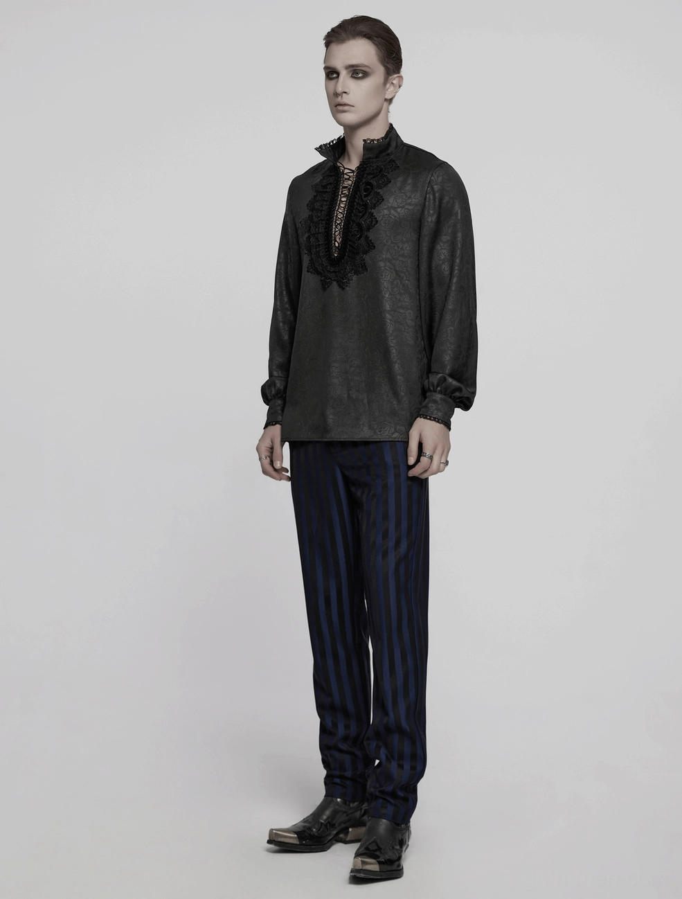 Care instructions and material composition guide for gothic lace front drawstring shirt