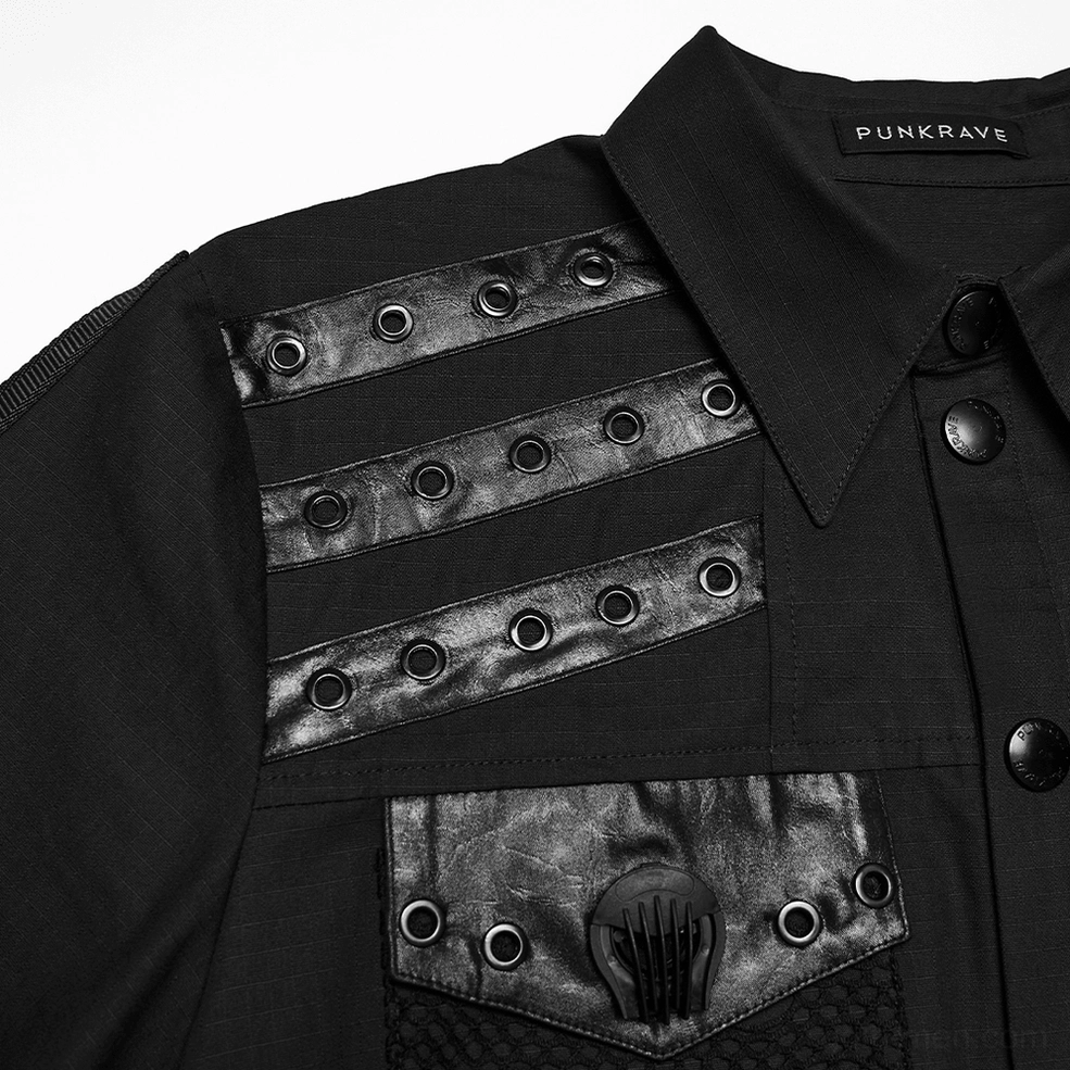 Close-up detail of black gothic shirt chest - multi-strap D-ring hardware and leather pocket accents