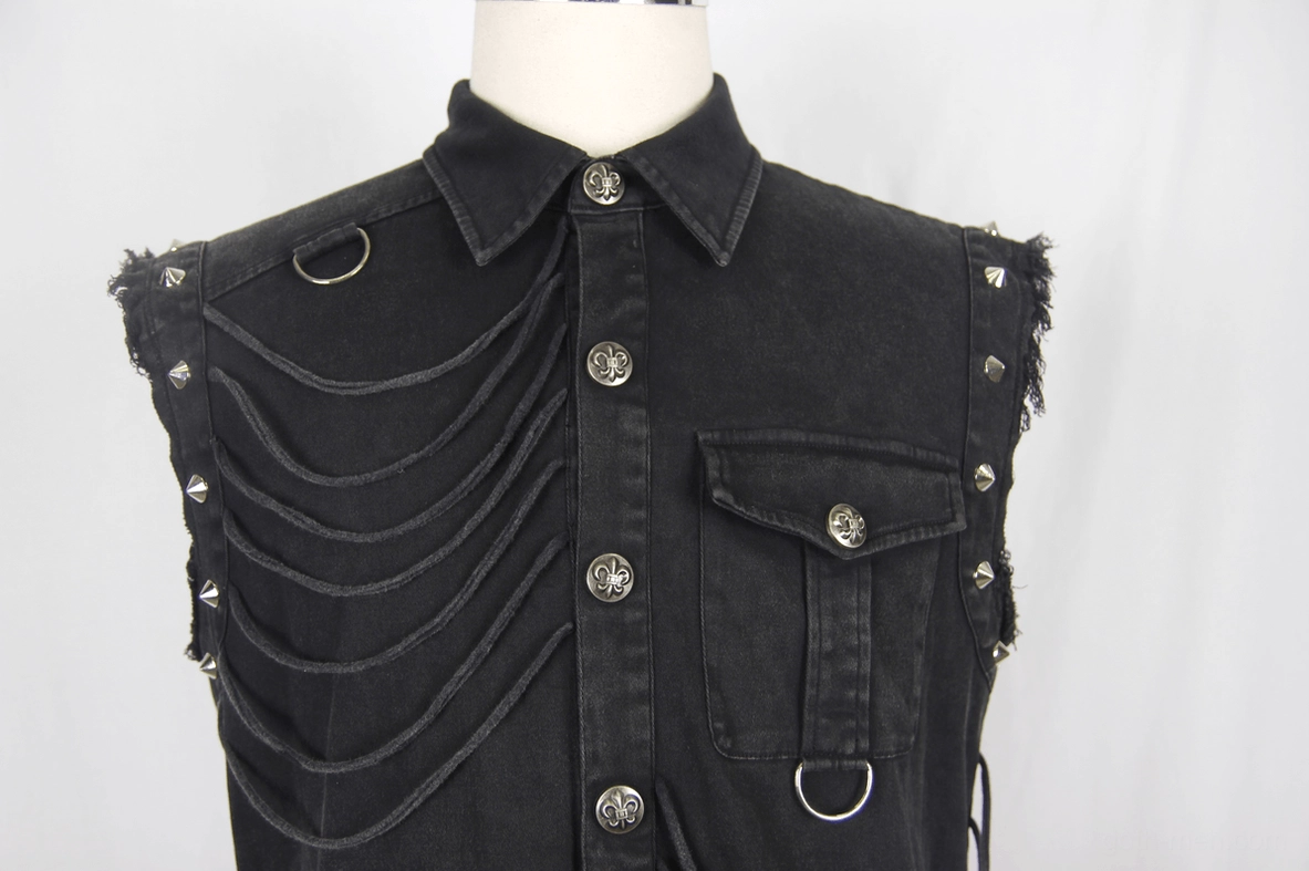 Close-up front view of black gothic sleeveless shirt metal snap buttons chain D-rings and chest pocket hardware