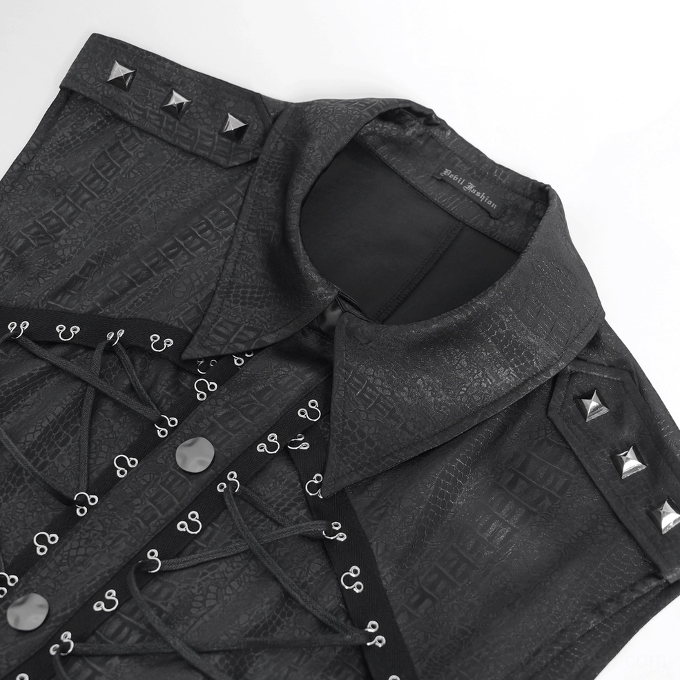 Closeup of gothic shirt collar and metal grommet lace-up front showing hardware craftsmanship