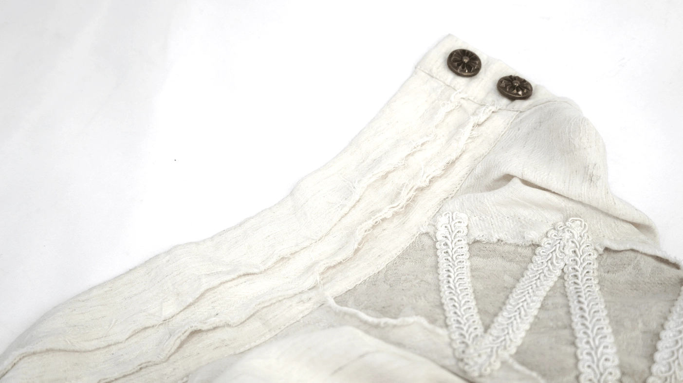 Collar button detail featuring vintage metal buttons and delicate lace embroidery