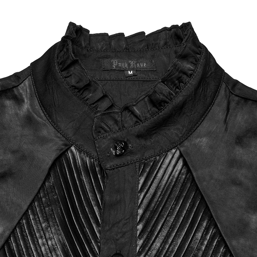 Ruffled stand collar close-up top-down view with skull-shaped button and brand detailing