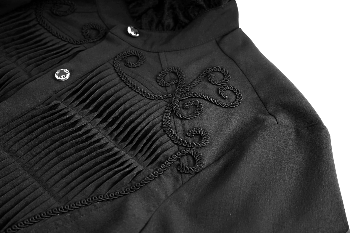Close-up detail of gothic shirt collar and upper front showing ruffled lace and embroidered scroll design