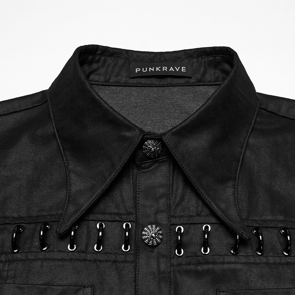 Close-up detail of gothic shirt collar and brand label