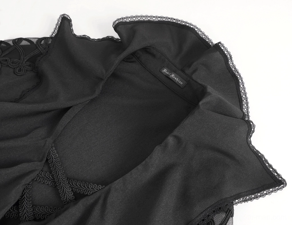 Close-up detail of black gothic shirt's lace collar trim and cross lace-up V-neck construction