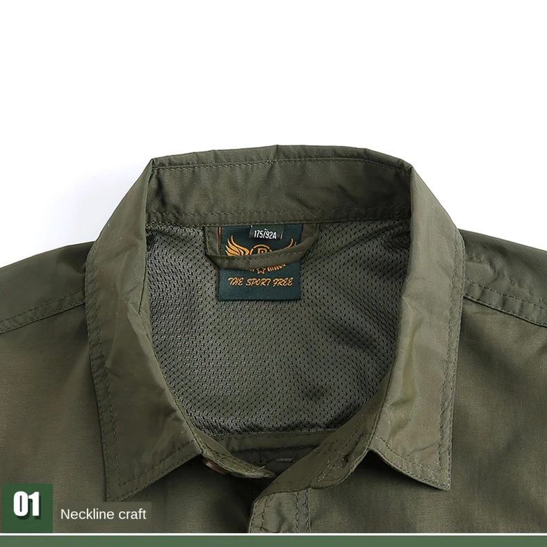 Close-up detail of gothic utility shirt turn-down collar and mesh inner construction on olive green