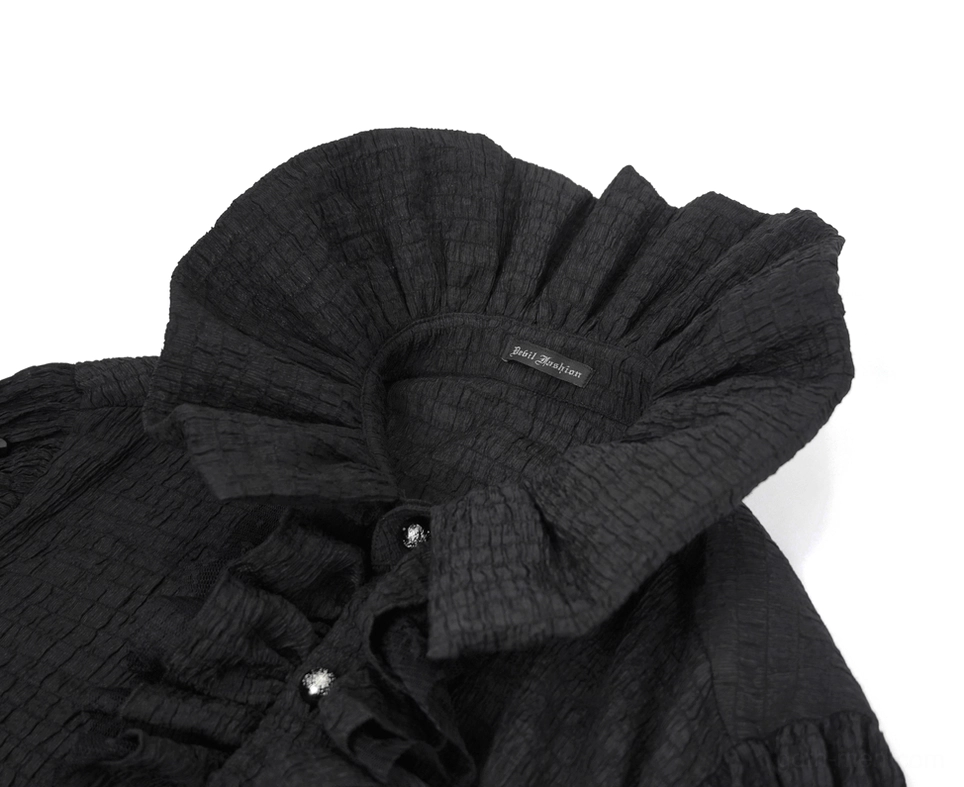 Close-up detail of ruffled stand collar and metal buttons on gothic men's black shirt