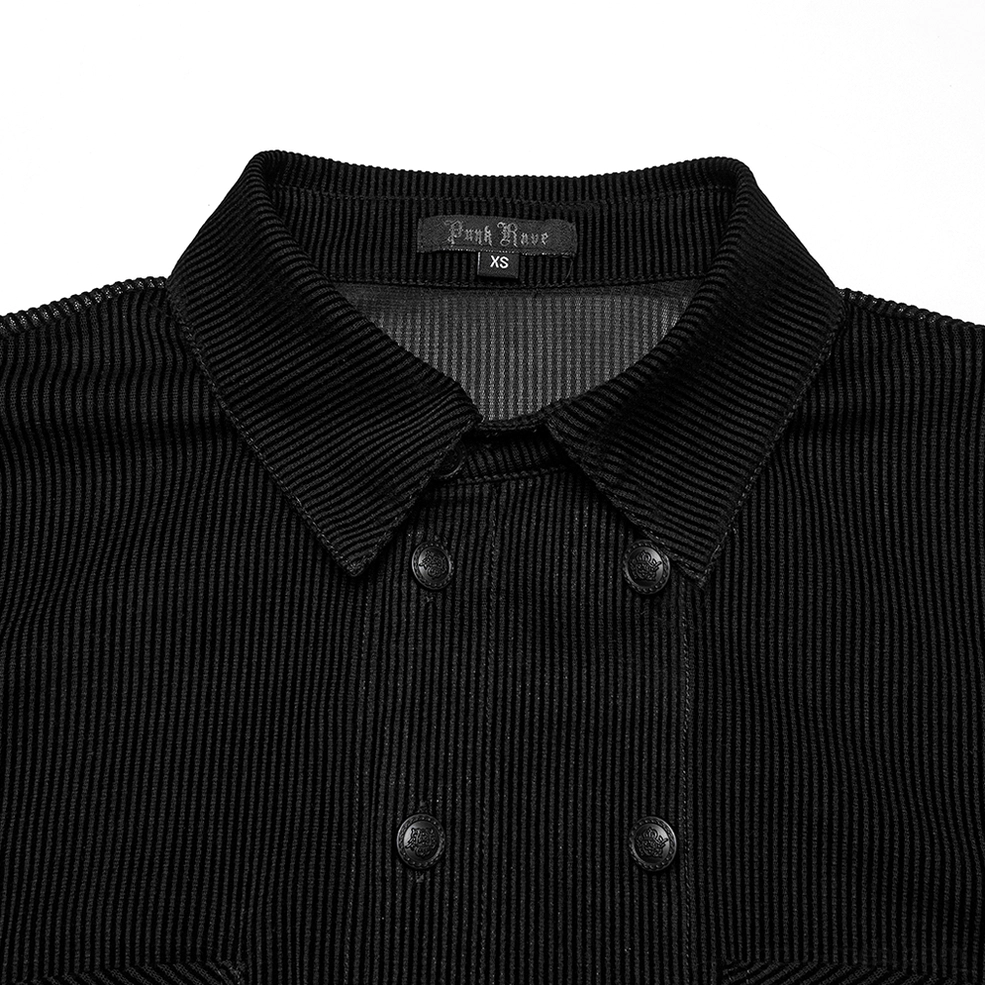 Close-up detail of pointed collar and front placket with double row metal buttons on gothic mesh shirt