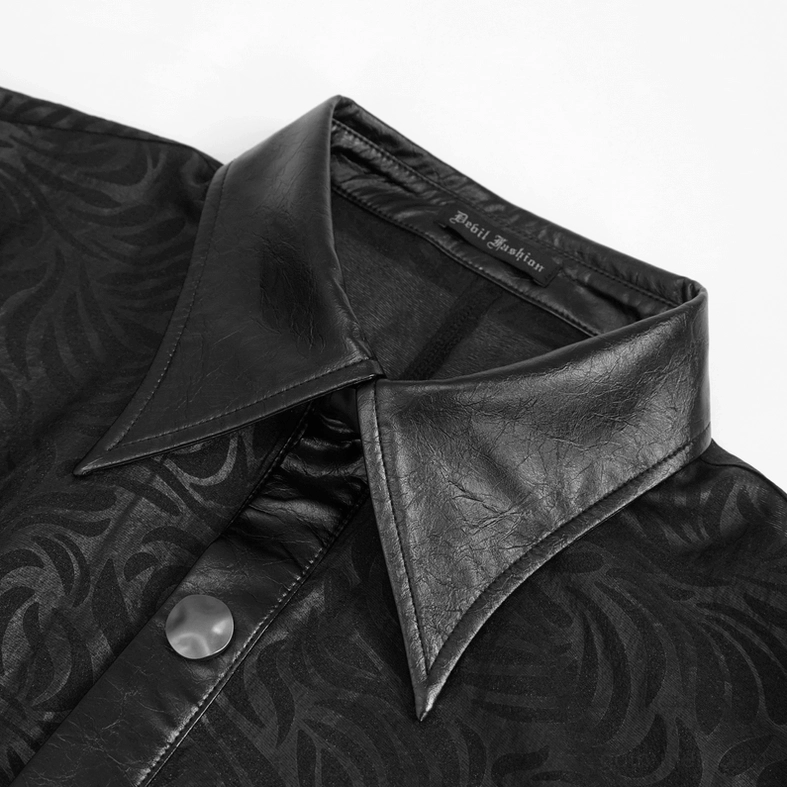 Close-up detail of black gothic shirt collar and placket with PU leather trim, metal snap buttons, and inner brand identification tag