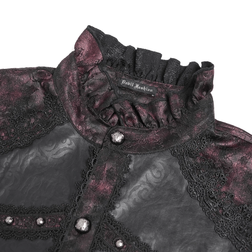 Close-up of ruffled neckline on burgundy gothic shirt with ornate lace trim and metallic buttons