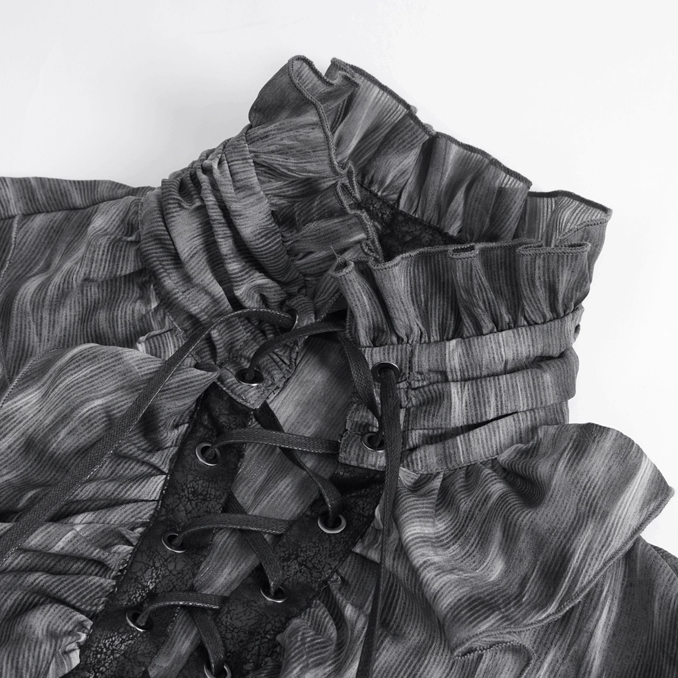 Close-up detail of high ruffled gothic shirt collar with black lace fasteners and layered pleated ruffles