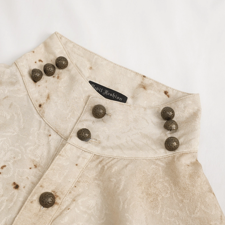 Close-up detail of gothic shirt stand collar with retro metal round buttons and distressed beige jacquard fabric texture