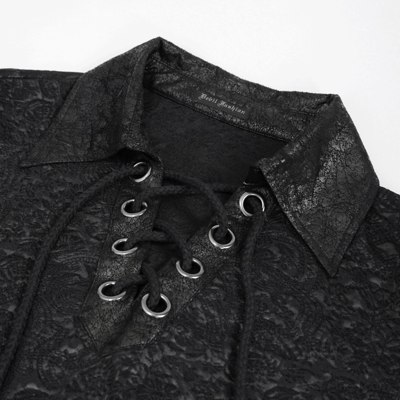 Close-up detail of black gothic shirt turn-down collar with metal eyelets and lace-up front closure