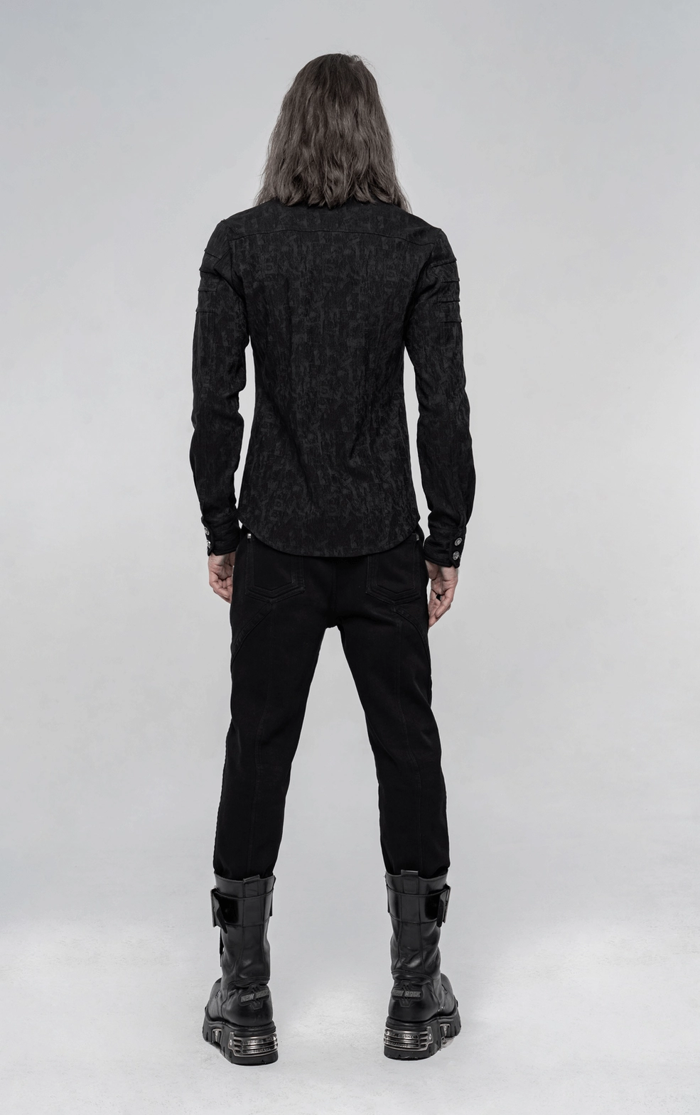 Black jacquard gothic shirt - detail view emphasizing point collar and button placket design elements