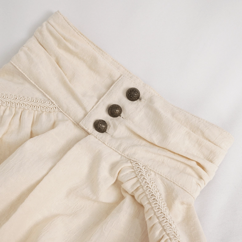 Close-up of gothic shirt collar and yoke detail, showing three vintage buttons and embroidered decorative lace trim