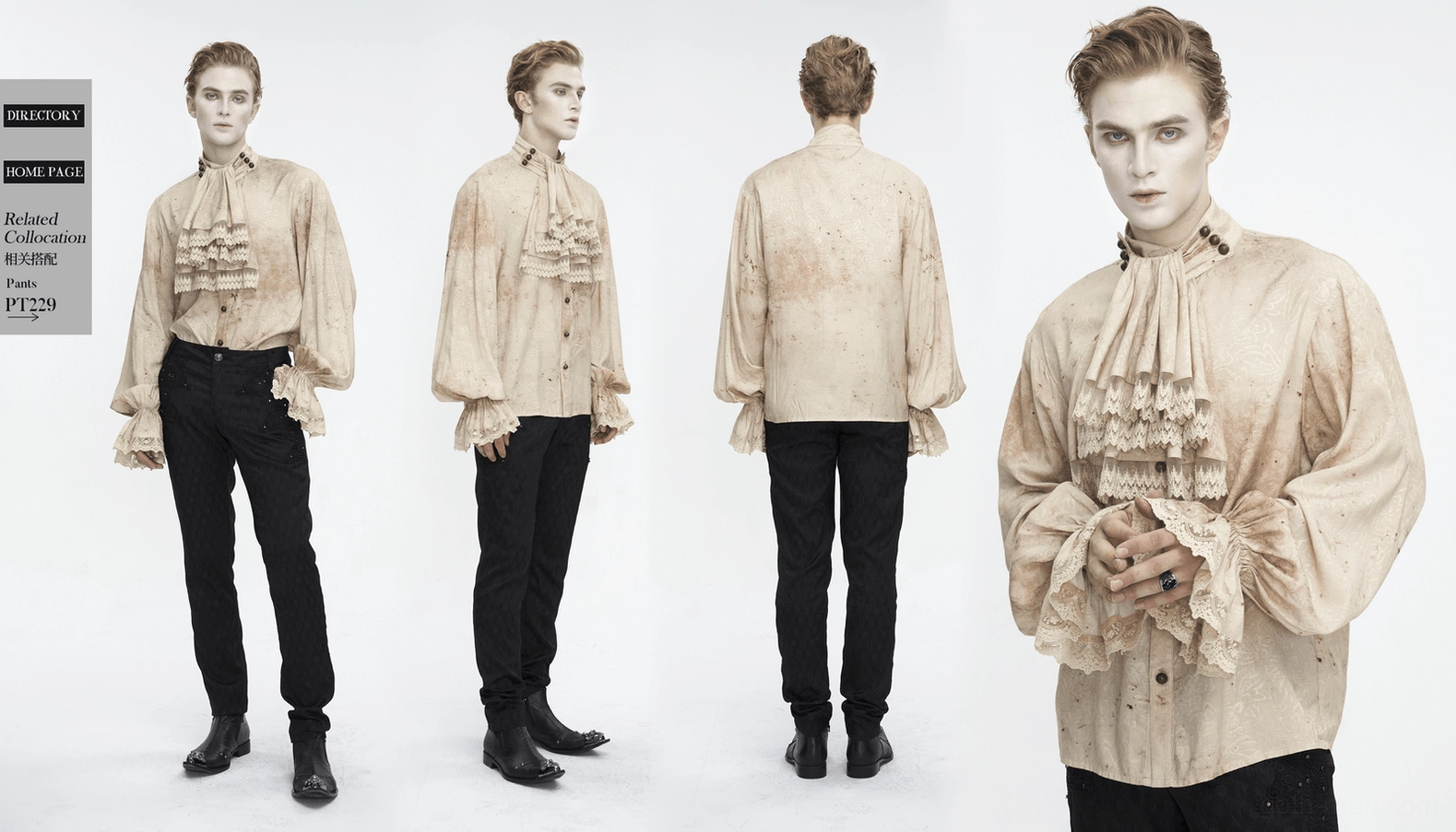 Additional display view of gothic distressed lantern sleeve shirt with lace necktie showing complete product styling
