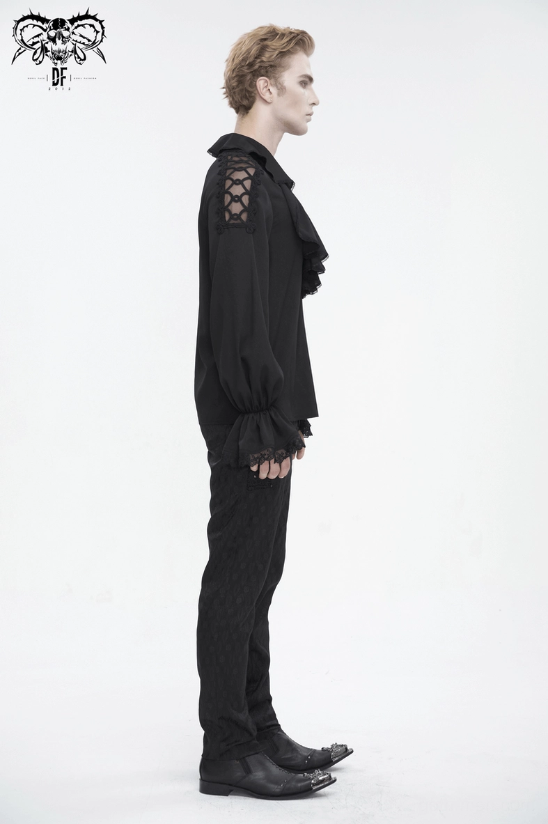Black gothic ruffle shirt construction quality detail showing lace trim and fabric craftsmanship