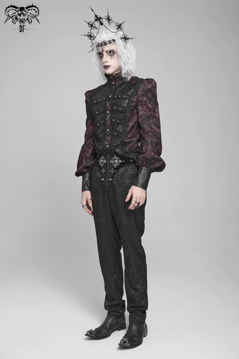Gothic shirt cuff and sleeve detail showing bishop sleeve proportion and button finishing