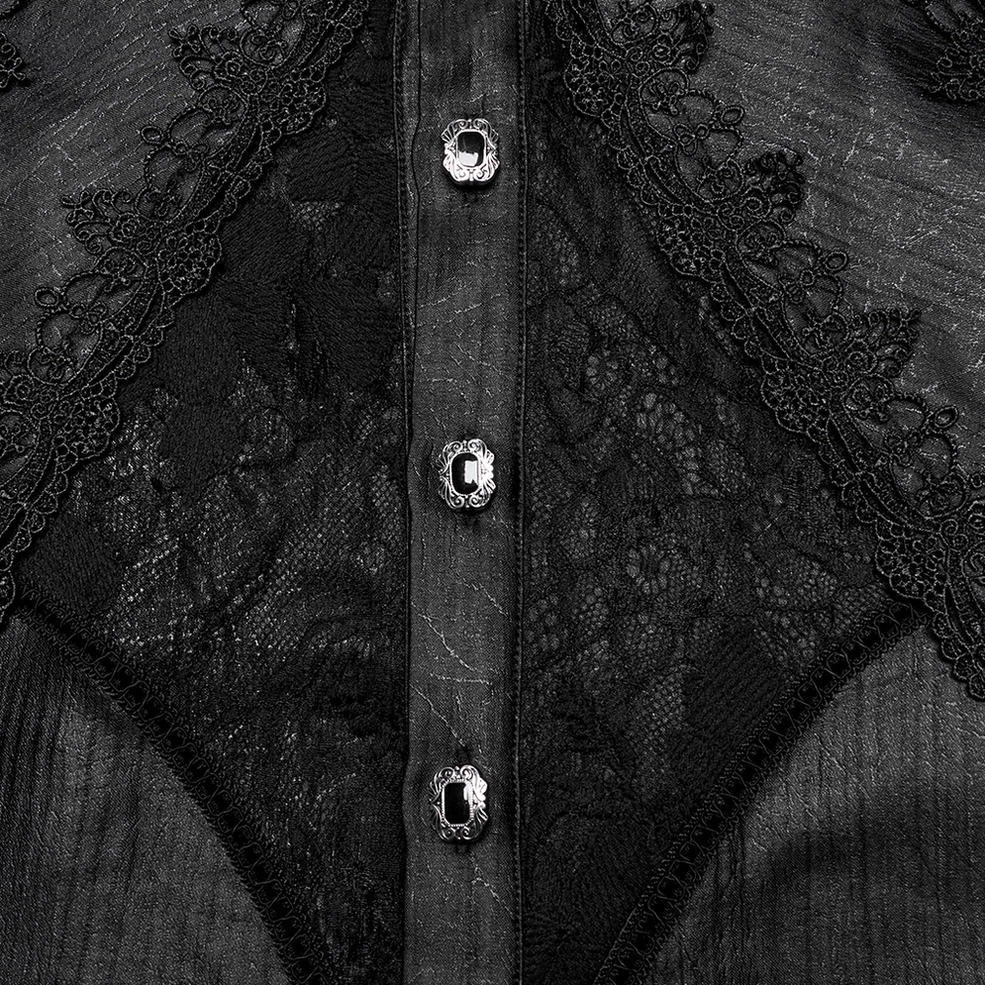 Close-up of gothic shirt cuff detail showing gathered lace trim and ornate metal buttons