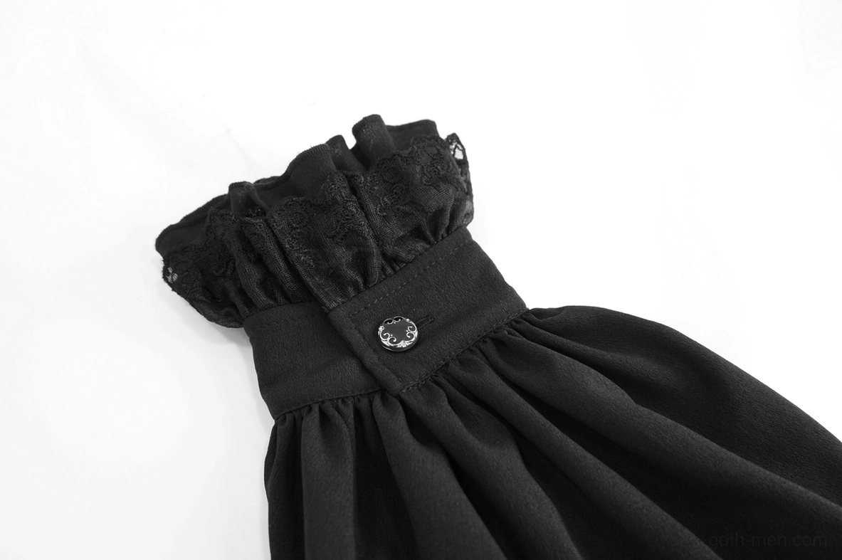 Close-up detail of black gothic shirt lace ruffled cuff trim with decorative metal button