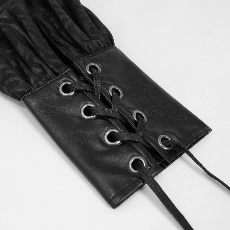 Detailed close-up of adjustable lace-up cuff with metal eyelets and PU leather trim on black gothic sheer shirt, industrial aesthetic
