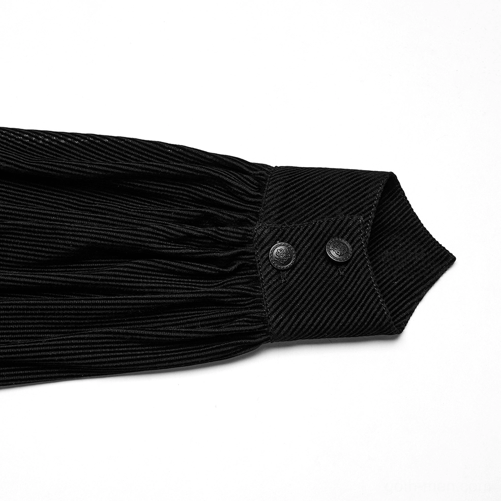 Close-up detail of ruched lantern cuff with metal buttons on black striped mesh gothic shirt