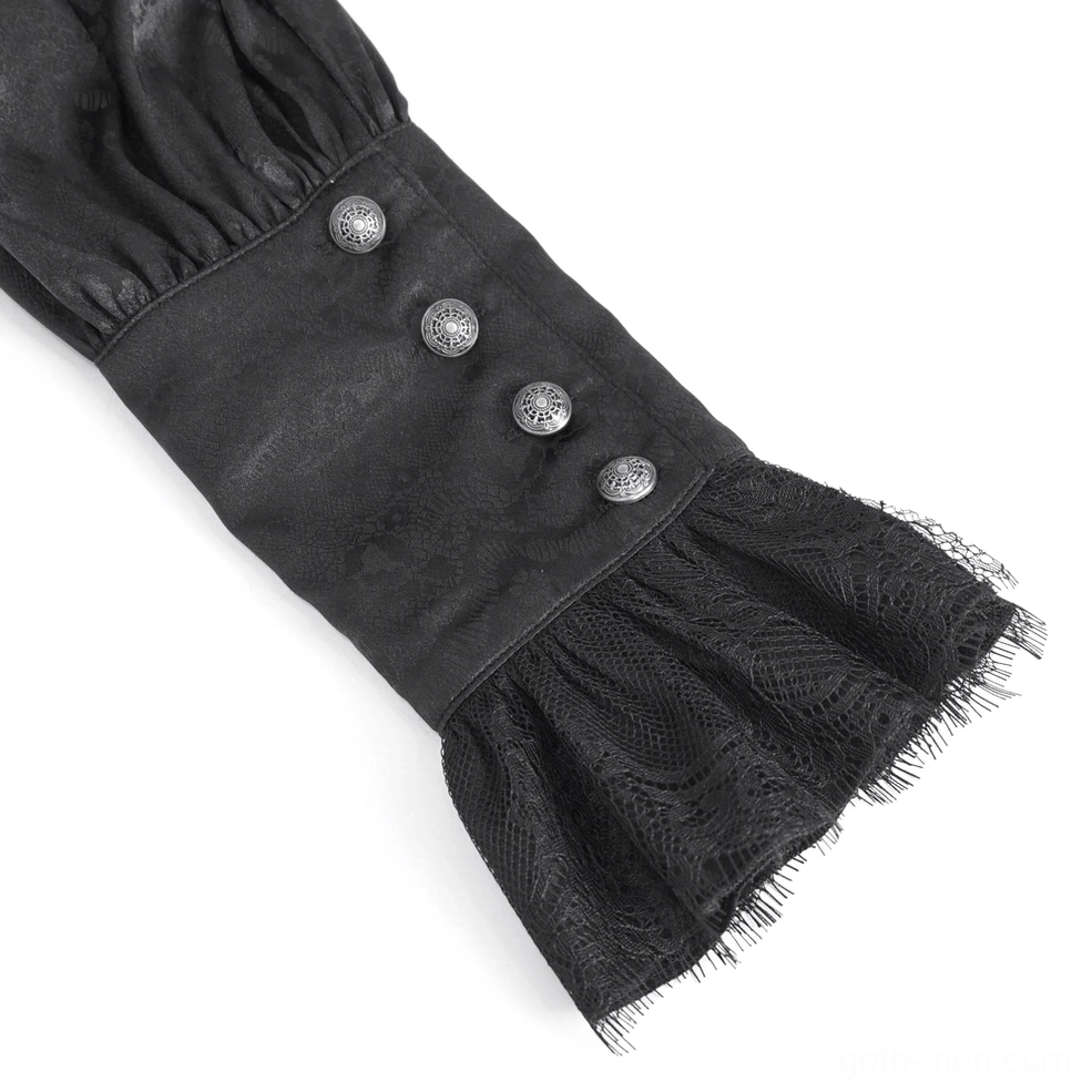 Close-up detail of black lace gothic shirt cuff showing metal decorative buttons and ruffled lace edge
